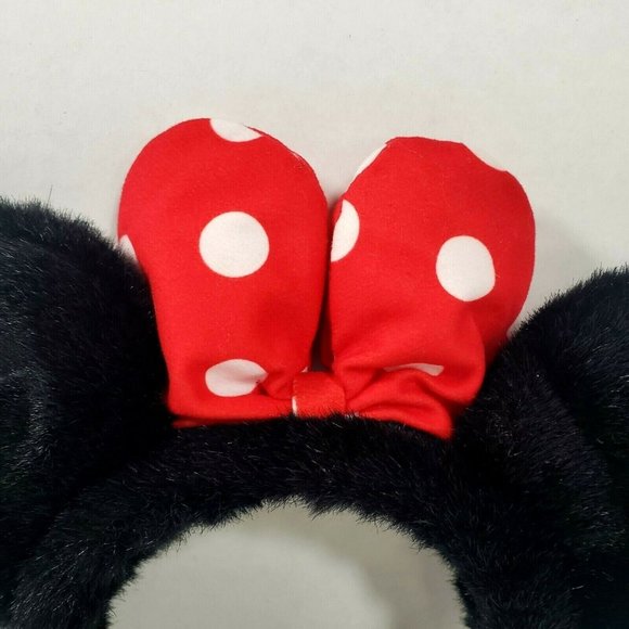 VTG Disney Parks Furry Black Minnie Ears Headband Red White Polka Dot Puffy Bow - Picture 4 of 7